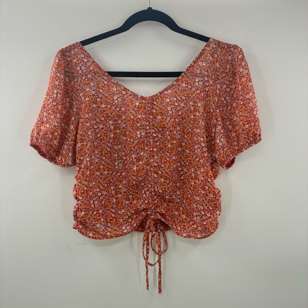 3For$20 Moa Moa  Women's Rust Floral Drawstring V-Neck Top size: Large